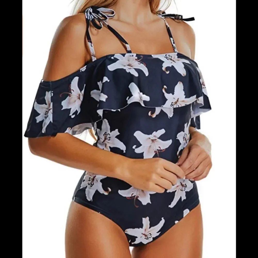 Black/White Floral Off Shoulder Swimwear NWOT - Picture 2 of 6